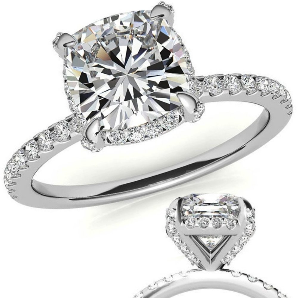 1.0Ct-6.0mm Cushion Moissanite & Lab Diamond Ring